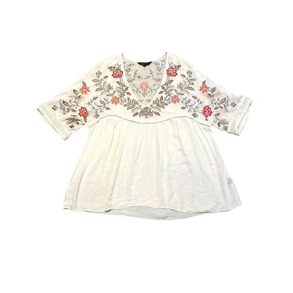 Ranna Gill Anthropologie Floral Embroidered V-Neck Blouse Bohemian Cream Large - Picture 4 of 10